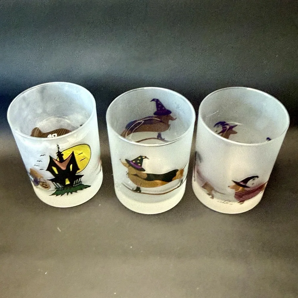 Culver Frosted Halloween Lowball Glasses Set of 3 Weiner Dog Puppy Spooky FUN